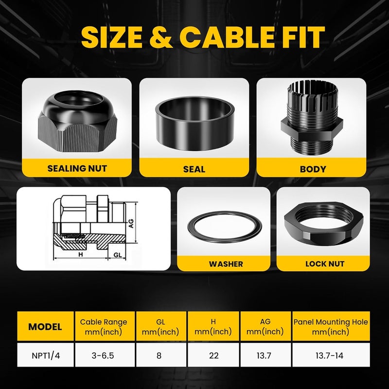caflower Store 1/4" NPT Cable Gland Waterproof IP68 Nylon Cord Grip Strain Relief Rubber Grommets for Wiring, Waterproof Electrical Connectors, Cable Grommet, Electrical Conduit Fittings 20pack - Image 3